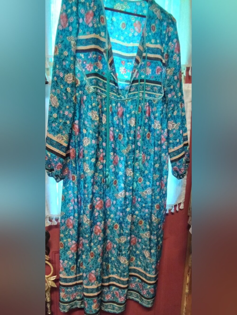 Source Unknown Teal Floral Maxi Dress with Pink and Cream Accents